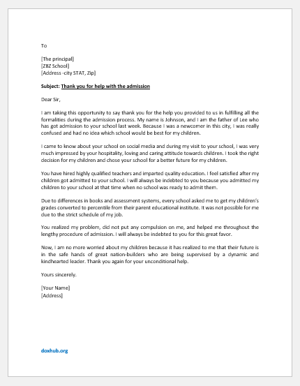 Thank You Letter to Principal for Help in Admission