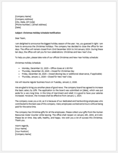 Christmas Holiday Schedule Letter to Staff