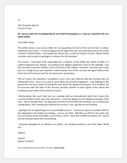 Court appearance excuse letter for work