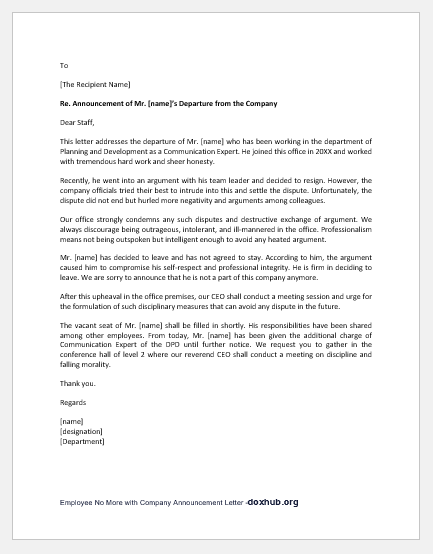 Employee No More with Company Announcement Letter
