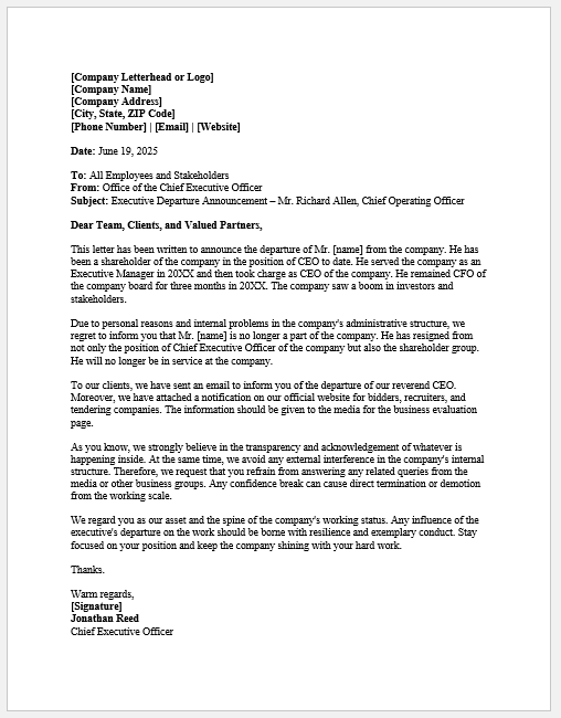 Executive Departure Announcement Letter