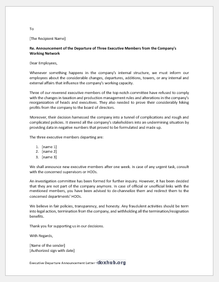 Executive Departure Announcement Letter