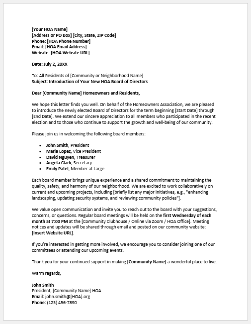HOA Board Introduction Letter