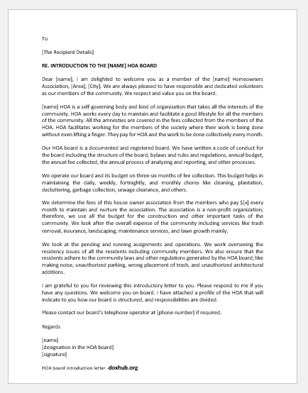 HOA board introduction letter