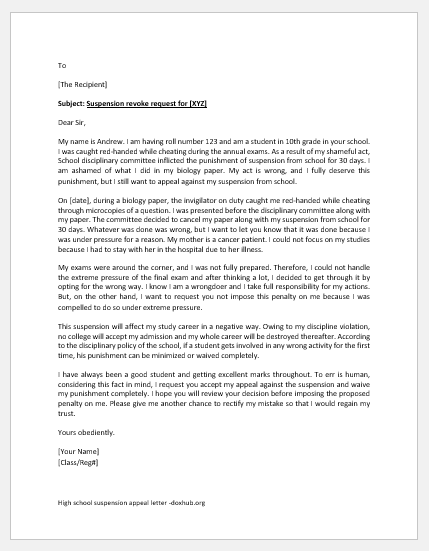 High school suspension appeal letter