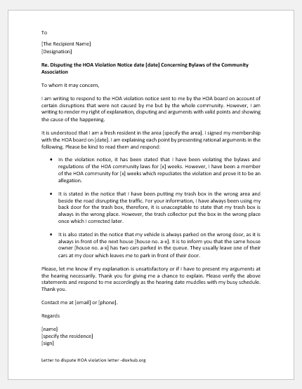 Letter to Dispute HOA Violation Letter