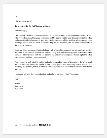 Memo for not wearing uniform