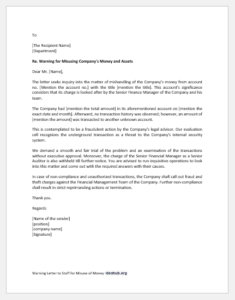 Warning Letter to Staff for Misuse of Money