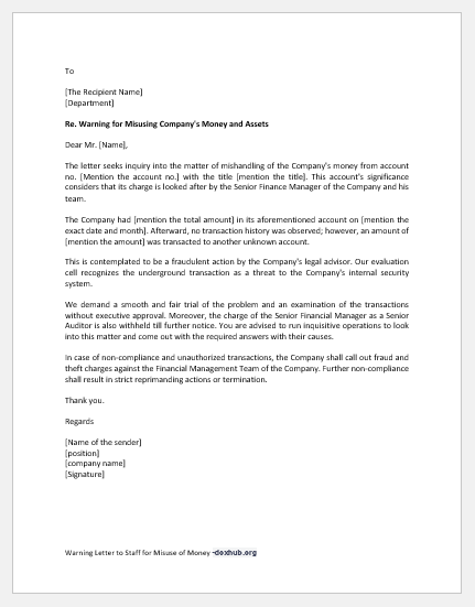Warning Letter to Staff for Misuse of Money