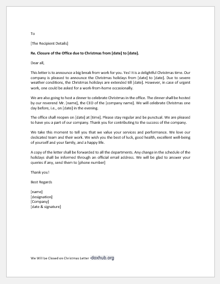We Will be Closed on Christmas Letter