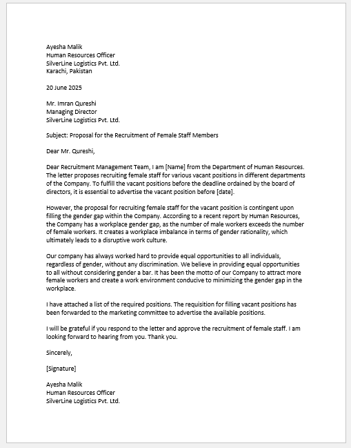 Female Staff Recruitment Proposal Letter