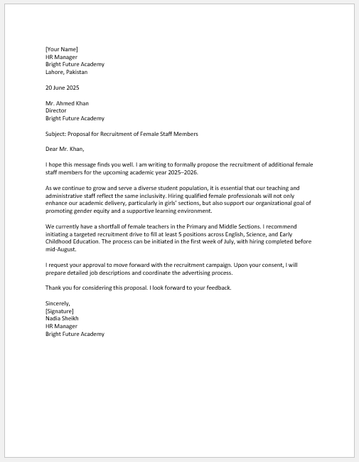 Female Staff Recruitment Proposal Letter for an educational institute
