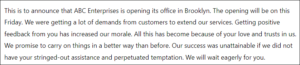 New office opening announcement message letter