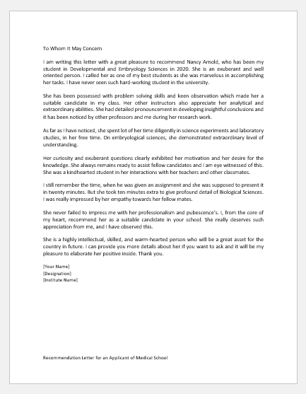 Recommendation Letter for an Applicant of Medical School