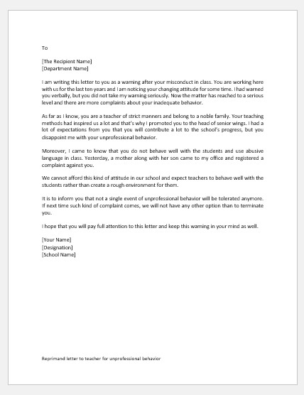 Reprimand letter to teacher for unprofessional behavior