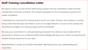 Staff training cancellation letter