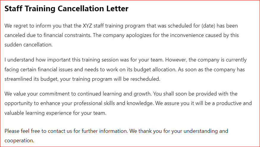 Staff training cancellation letter