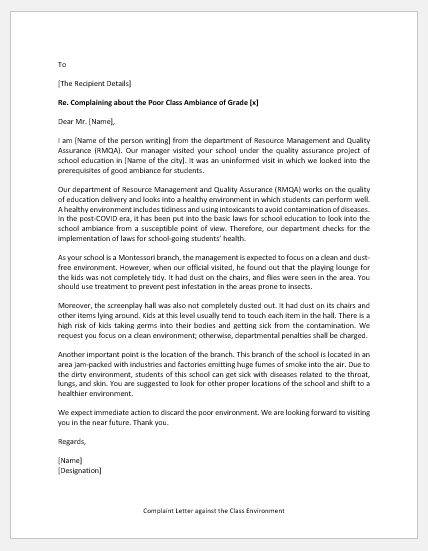 Complaint Letter against the Class Environment