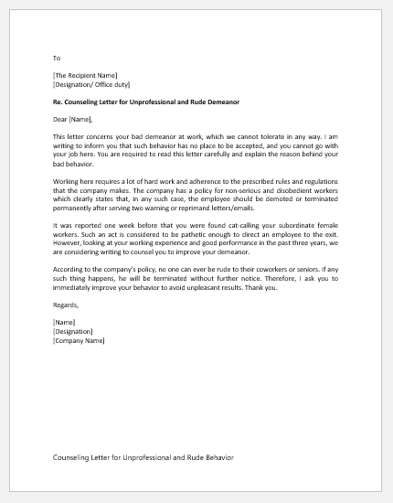 Counseling Letter for Unprofessional and Rude Behavior