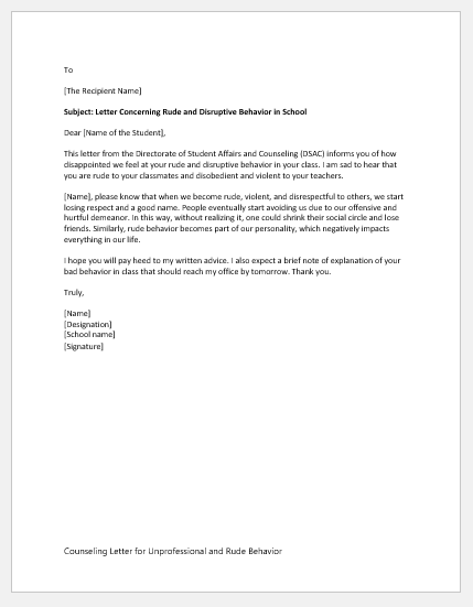 Counseling Letter for Unprofessional and Rude Behavior