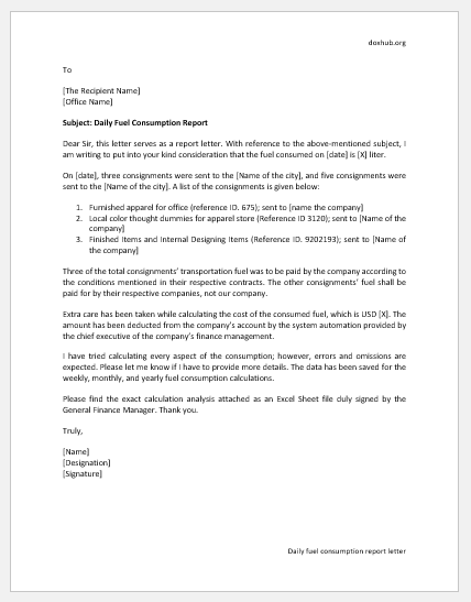 Daily fuel consumption report letter