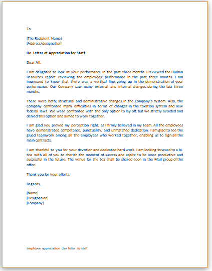 Employee appreciation day letter to staff