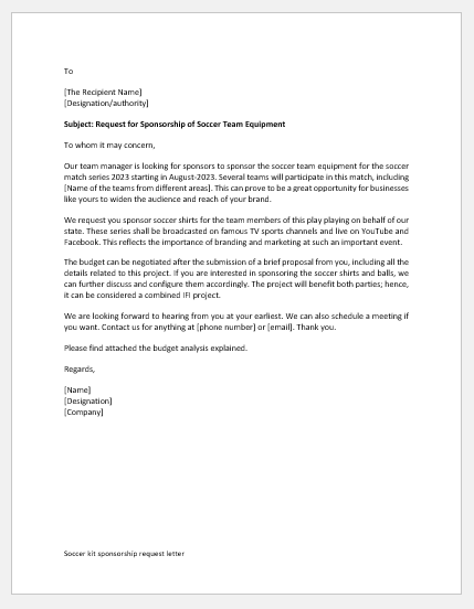 Soccer kit sponsorship request letter
