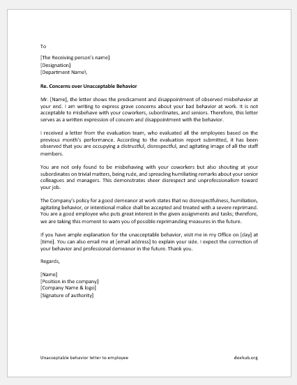 Unacceptable behavior letter to employee