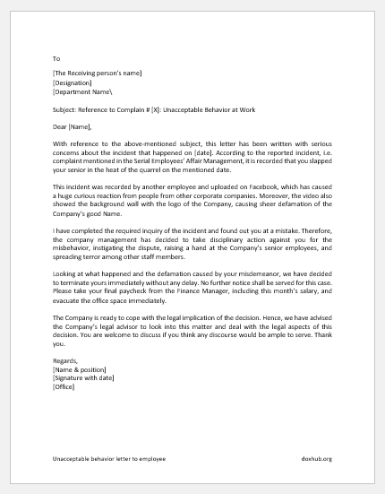 Unacceptable behavior letter to employee