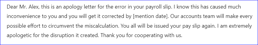 Apology Letter for Error in Pay slip