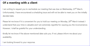 Request letter for change in time of a meeting with client