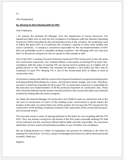 Warning letter for not wearing PPE