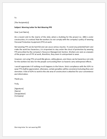 Warning letter for not wearing PPE