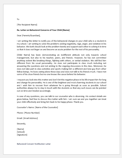 Behavioral Concern Notification Letter Sample