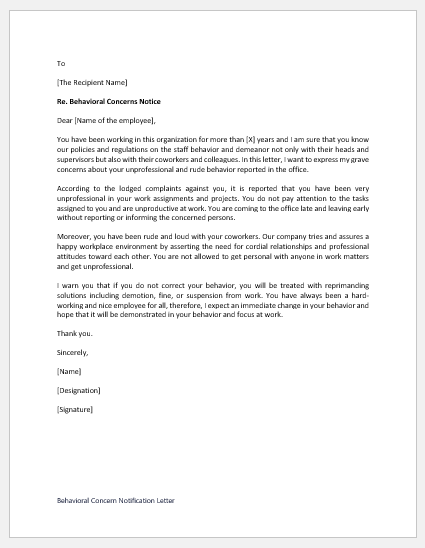 Behavioral Concern Notification Letter Sample