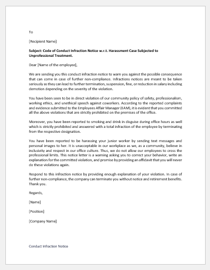 Conduct Infraction Notice Sample