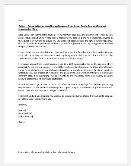 Excuse Letter of Absence from School Due to Passport Renewal