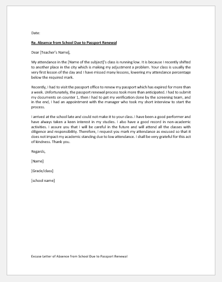 Excuse Letter of Absence from School Due to Passport Renewal