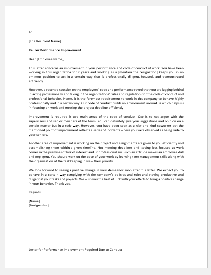Letter for Performance Improvement Required Due to Conduct