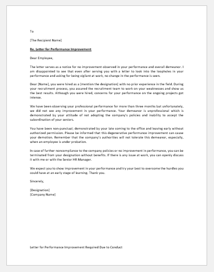 Letter for Performance Improvement Required Due to Conduct