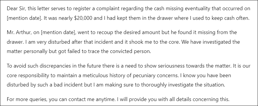 Missing cash incident report letter