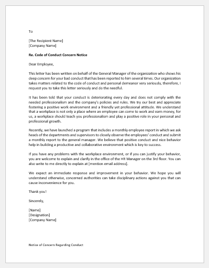 Notice of Concern Regarding Conduct