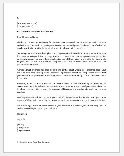 Notice of Concern Regarding Conduct