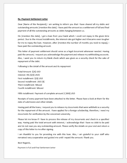 Payment in Full and Final Settlement Letter
