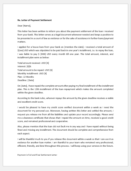 Payment in Full and Final Settlement Letter