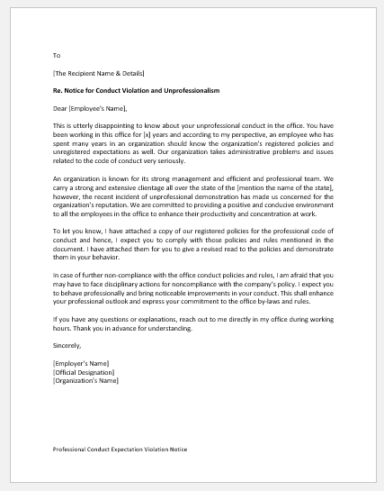 Professional Conduct Expectation Violation Notice