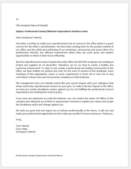 Professional Conduct Expectation Violation Notice