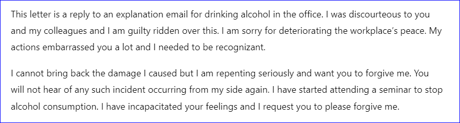 Reply to explanation for drinking alcohol at duty