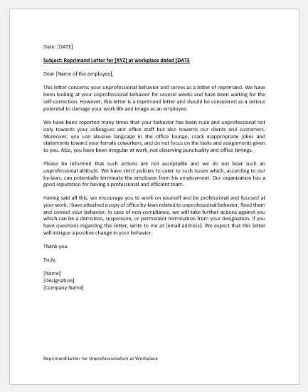 Reprimand Letter for Unprofessionalism at Workplace 
