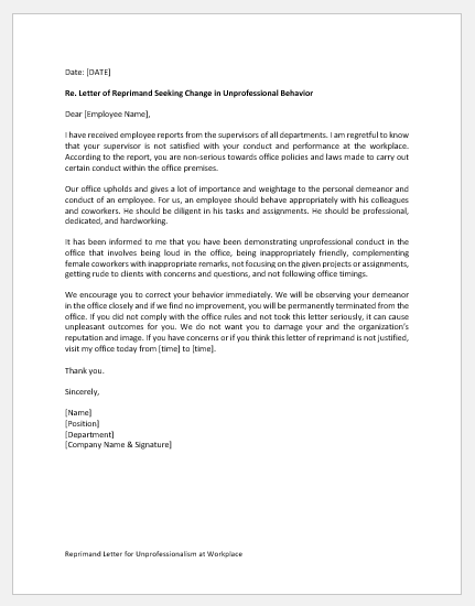 Reprimand Letter for Unprofessionalism at Workplace 